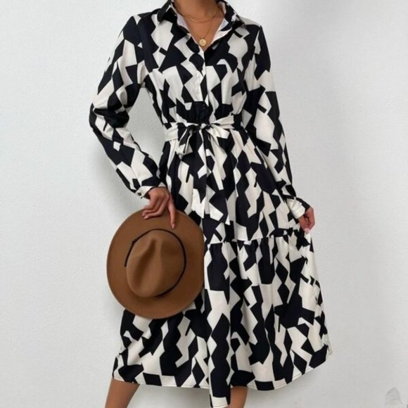 . Dresses & Skirts - Black & white Geometric Pattern Belted Shirt Dress